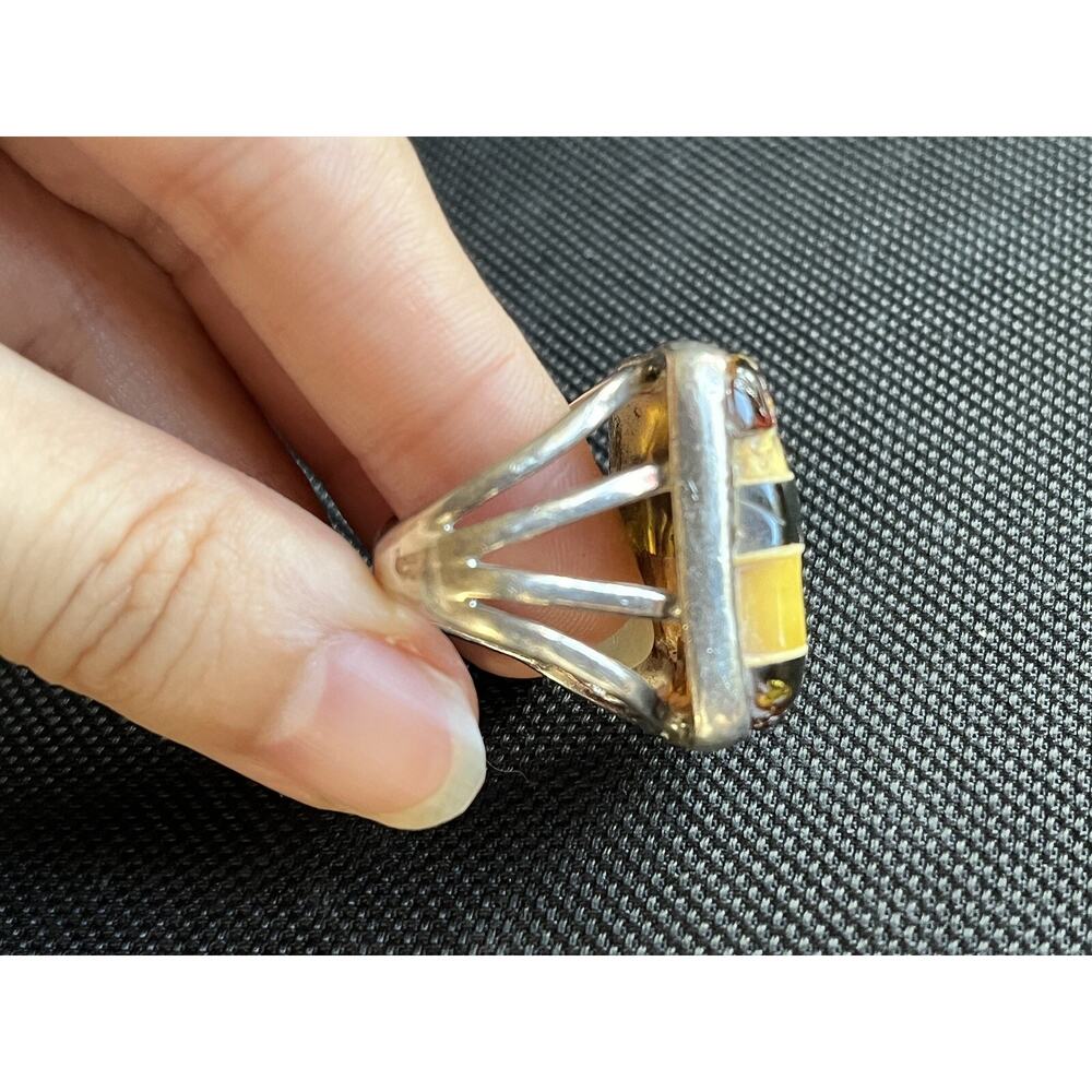 Vintage Artisan Sterling Silver Striped Honey Baltic Amber Split Shank Ring 7.5 - Picture 2 of 15